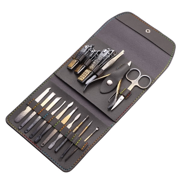 Juego de Manicura Unique Bargains 16 Piezas Acero Inoxidable Estuche de Cuero PU Tono Dorado
