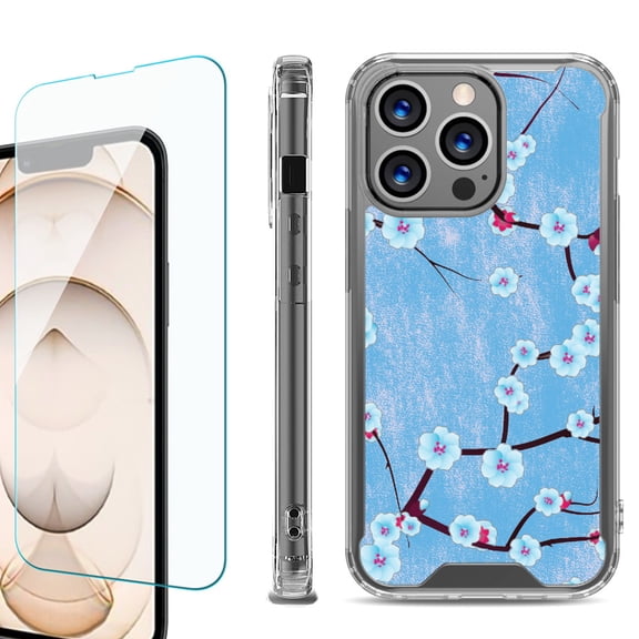 Shockproof Bumper Phone Case for iPhone 13 Pro Max, with Tempered Glass Screen Protector, by OneToughShield ® - Blossom Sky