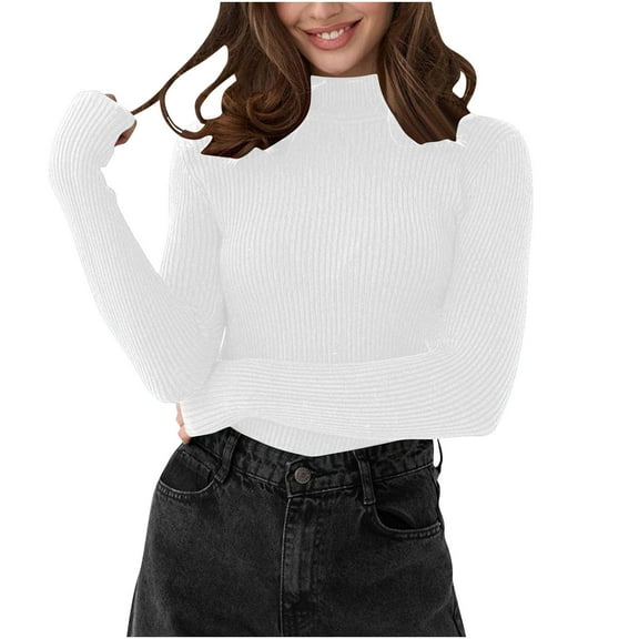 Oksale Long Sleeve Sweaters for Women Slim Fit Mock Neck Sweater Lightweight Solid Color Pullover Slouchy Basic Tops White Free Size