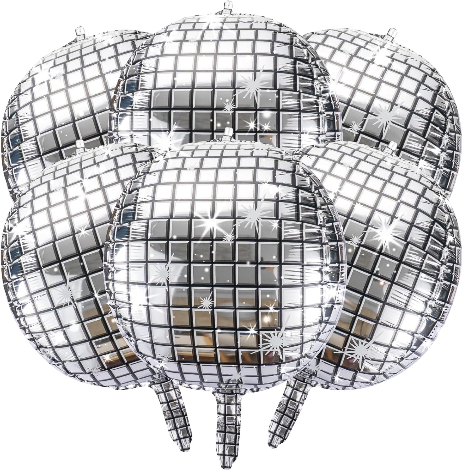 6 silver disco balloons - 22-inch 4 round disco ball balloons, metallic mirror balloons with straw and tie, suitable for 70s, 80s, 90s theme disco party decorations, single party supplies