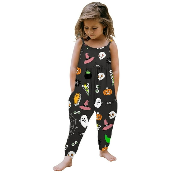 XIYON Jumpsuit For Girls Toddler Baby Girl Halloween Funny Printed Jumpsuit Sleeveless Romper Outfits Pants Clothes 3-4 Years
