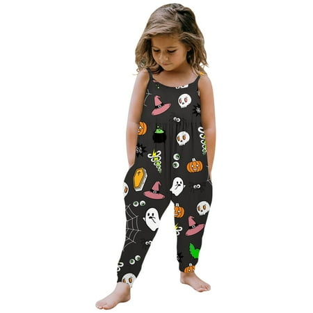 

Kwasome Girls Romper Sleeveless Round Neck Jumpsuit Pumpkin Printings School Outfits Summer Adorable Girl Clothings Black 3-4 Years