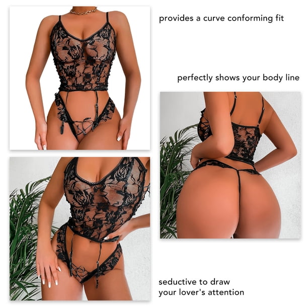 Conjunto De Ropa De Dormir De Encaje, 2 Piezas Ropa Interior De Mujer Elástica, Cómoda, Suave Y Ligera Para Luna De Miel ANGGREK F negro