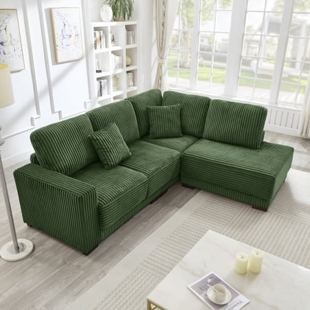 93" Sectional Sofa, L Shaped Couch with Reversible Chaise Lounge, Upholstered Soft Corduroy Couch for Living Room Apartment, Green