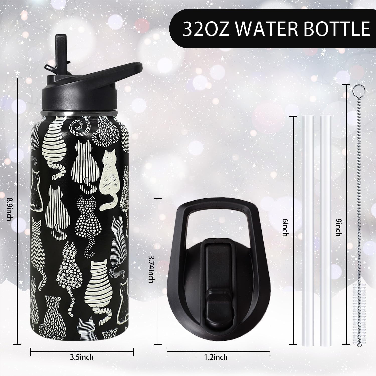 32oz Black Cat Insulated Aater Water Bottle with Straw,Cat Gym Hiking Sports Coffee Mug Cup Water Bottles,Penguin Gifts for Women,Cat Decor Stuff Accessories