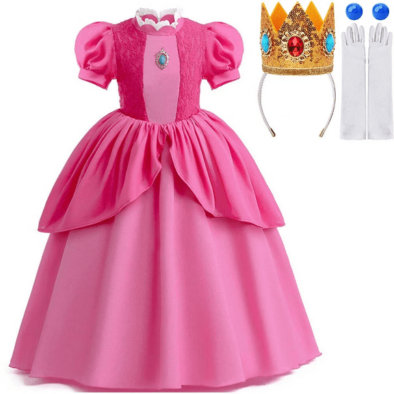 Girls Peach Princess Pink Dress Super Brothers Halloween Party Cosplay Costume