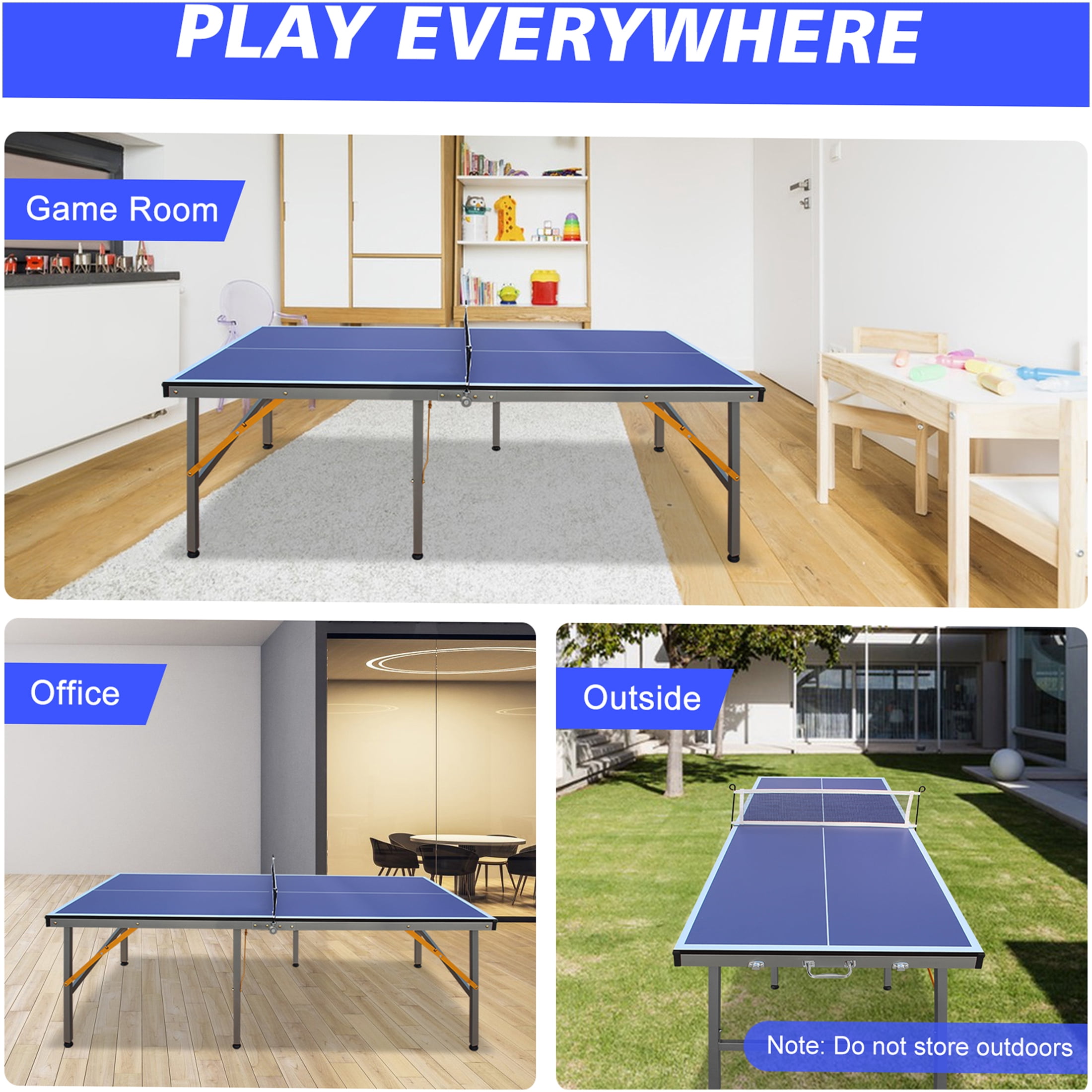 JERFIT 5ft Foldable Ping Pong Table Set with Net & Paddles, Professional MDF Top Indoor Table Tennis Table for Home & Office Games, Blue