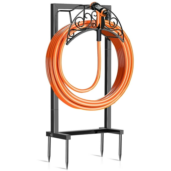 Garden Hose Holder with Stable Base and Tool Hooks, Heavy-Duty Metal Hose Hanger Garden Hose Storage Holds 151Ft Hose, Rustproof Freestanding Water Hose Holder for Outside, Yard, Lawn, Black