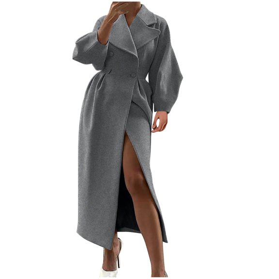 Hfyihgf Womens Oversized Long Trench Coat Puff Long Sleeve Notch Lapel Wool Peacoat Trendy Winter Warm Button Down High Waist Overcoat(Gray,L)