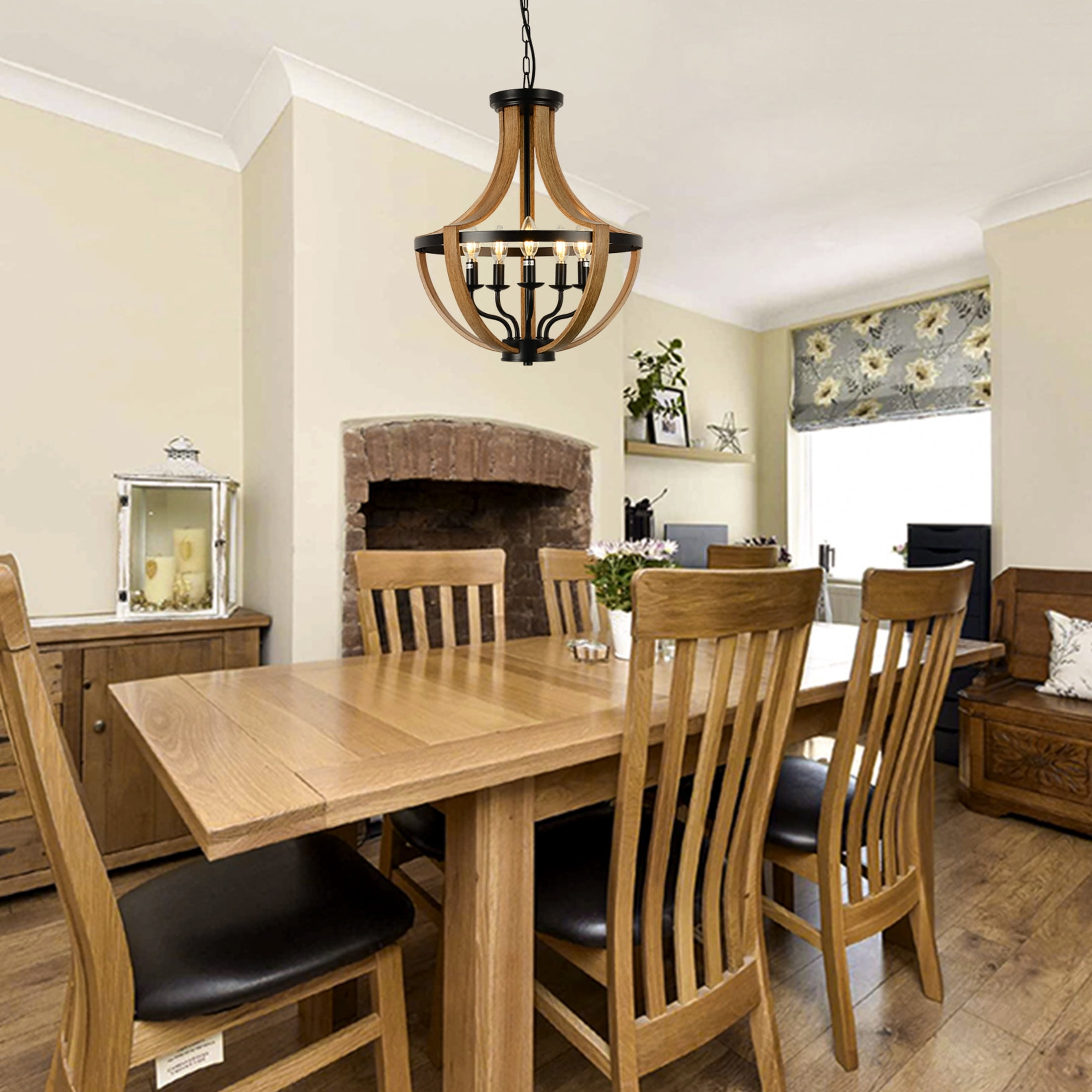 Noble House 17.7" 5-Light Farmhouse Wood Geometric Chandelier, Rustic Dining Room and Foyer Pendant Light, Brown
