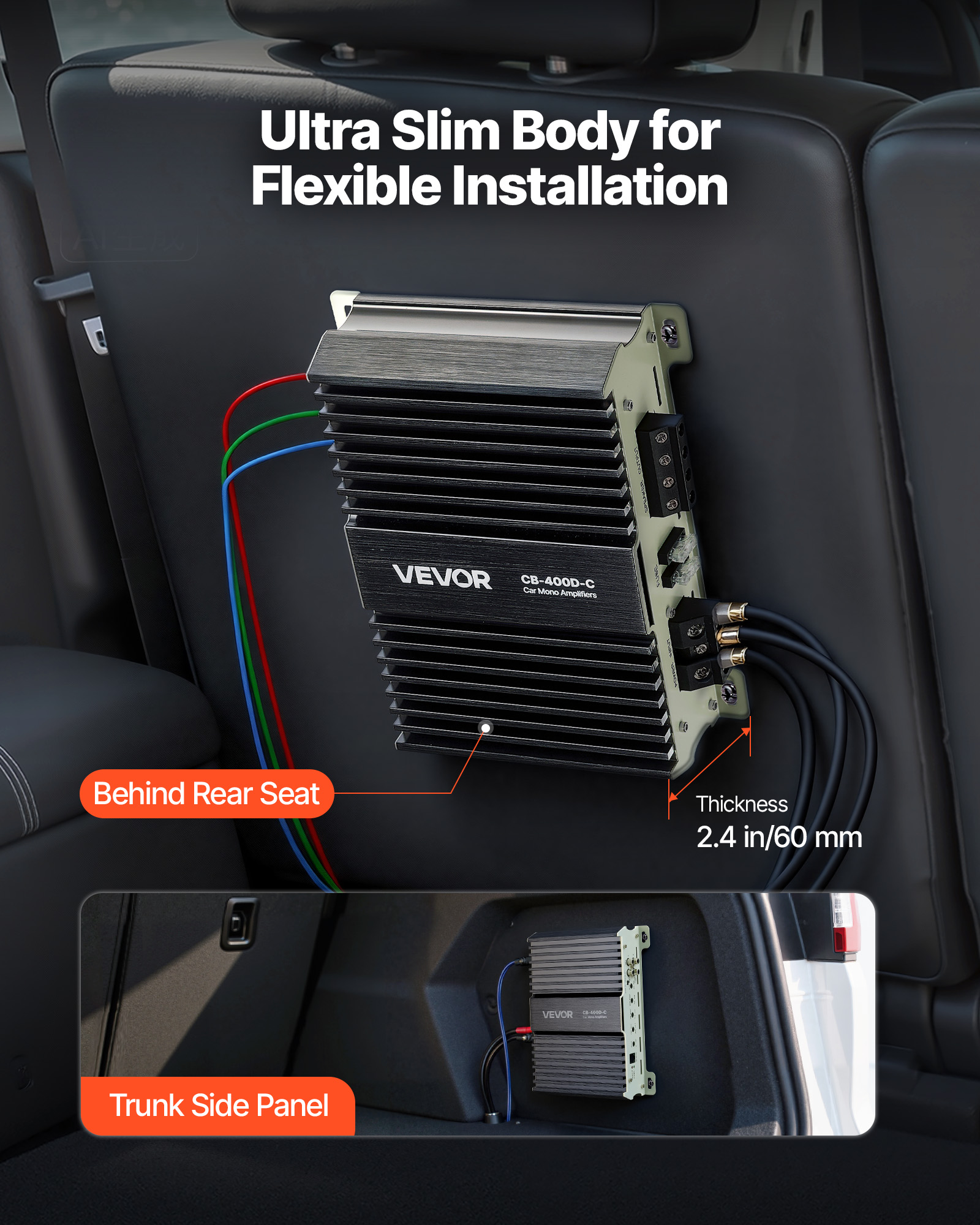 VEVOR Monoblock Car Amplifier, 400W RMS MAX, 1/2/4 Ohm Stable, 1-Channel Class D Car Audio Amplifier with Remote Subwoofer Level Control, Low Pass Filter, Bass Boost & Phase Shift, Volume Controller