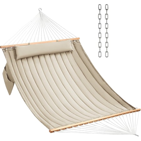Double Quilted Fabric Hammock with Hardwood Spreader Bars and Pillow 450 LBS Capacity 2 Person Large Hammock for Outdoor Patio Backyard Poolside - Tan