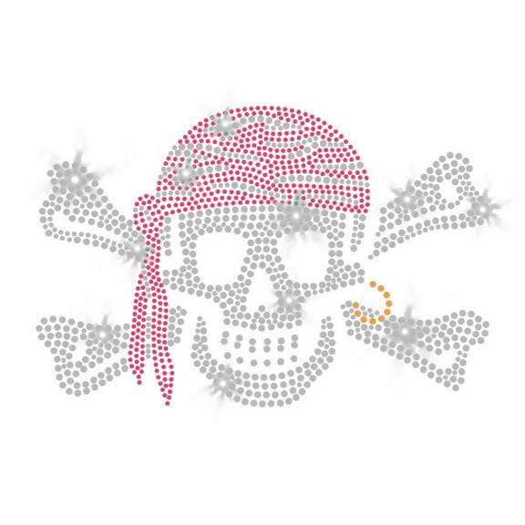 Pirate Raider Skull Crossbones Buccaneer Mascot Cute Halloween Sparkly Iron-on Clear Crystal Rhinestone Pink Rhinestud T-Shirt Transfer by JCS Rhinestones