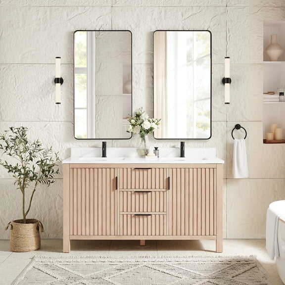Shenzhen 60" Double Bath Vanity in Aged Natural Oak with Composite Stone Top