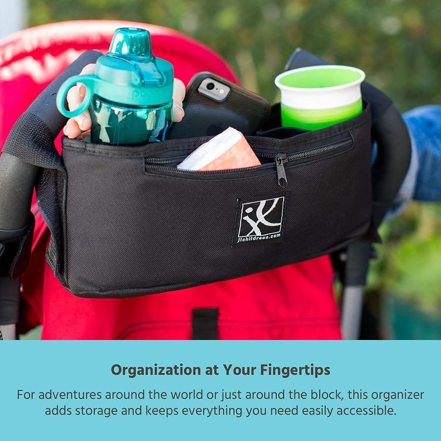J.L. Childress Cargo 'N Drinks Parent Tray, Universal Stroller Organizer, Stroller Accessory with Cup Holders - Black