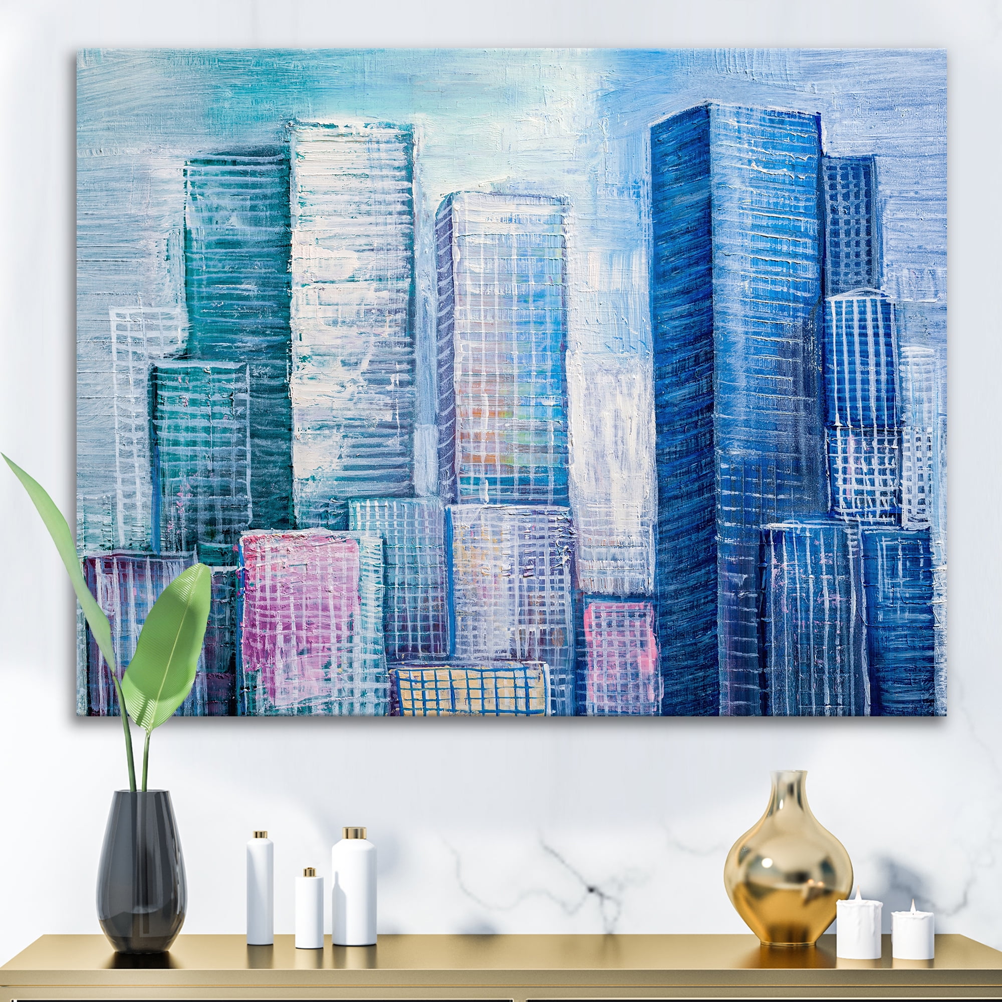 Designart ' Abstract Style Cityscape Panorama Skyscrapers I ' Modern Canvas Wall Art Print
