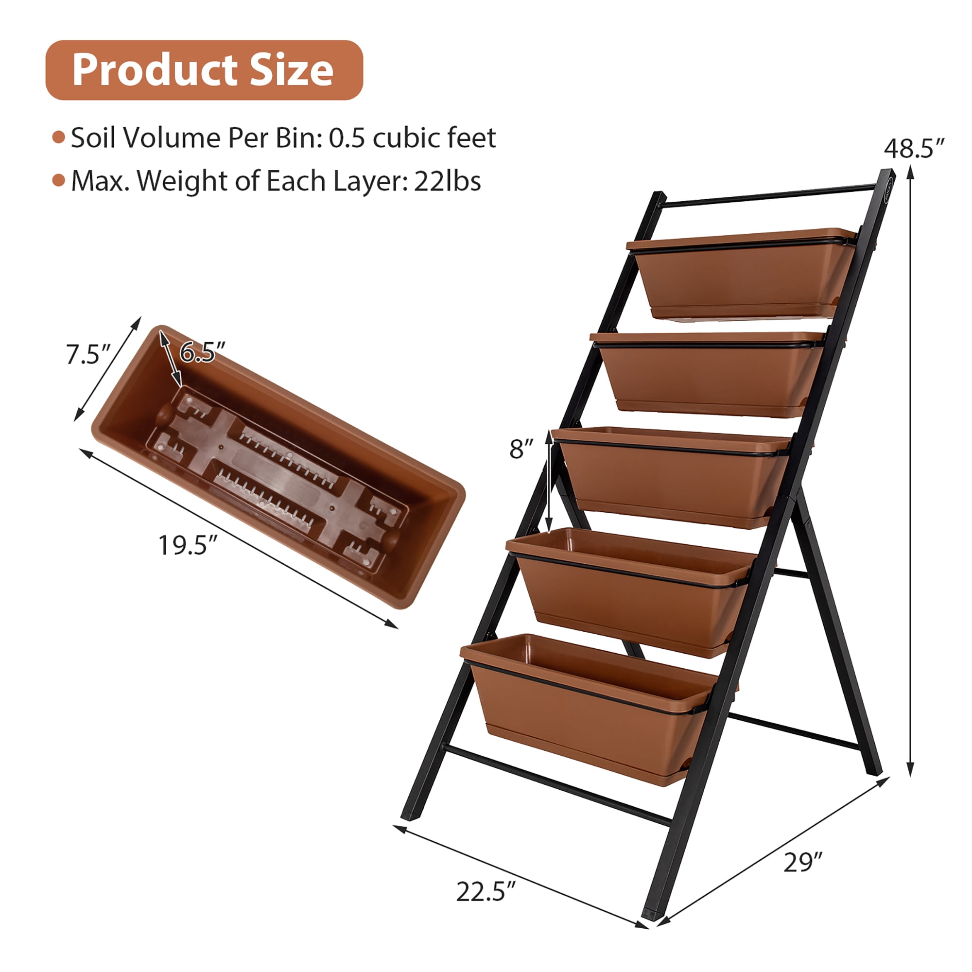 Costway 5-tier Vertical Garden Planter Box Elevated Raised Bed w/5 Container Brown