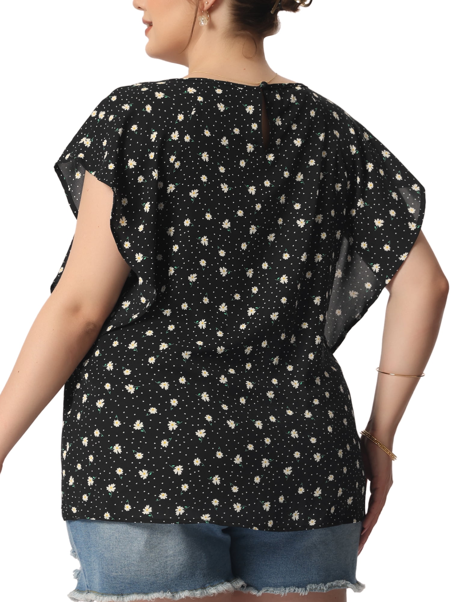 Unique Bargains Women's Plus Size Outfits Flare Short Sleeve Polka Dots Chiffon Blouse