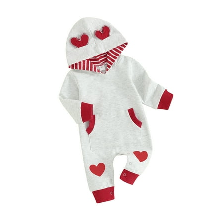 

FEORJGP Infant Girls Valentine s Day Clothes Newborn Baby Hooded Rompers Long Sleeve Jumpsuits Gray Heart Print Crew Neck Bodysuit Cute Casual Soft Cozy Clothes