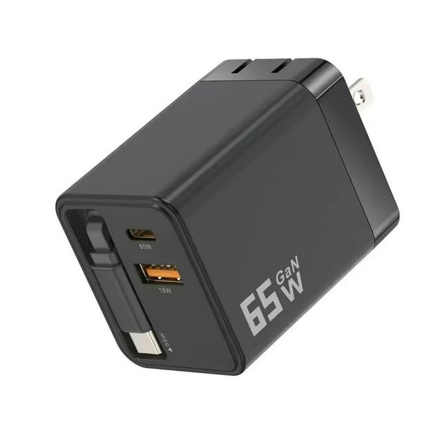 Chargeur Noir 3 en 1, Chargeur de Téléphone Rétractable, Prise Murale avec Module de Charge Rapide Max Extensible 65 W, Câble Type‐C et 2 Ports Usb pour Téléphone et Portable
