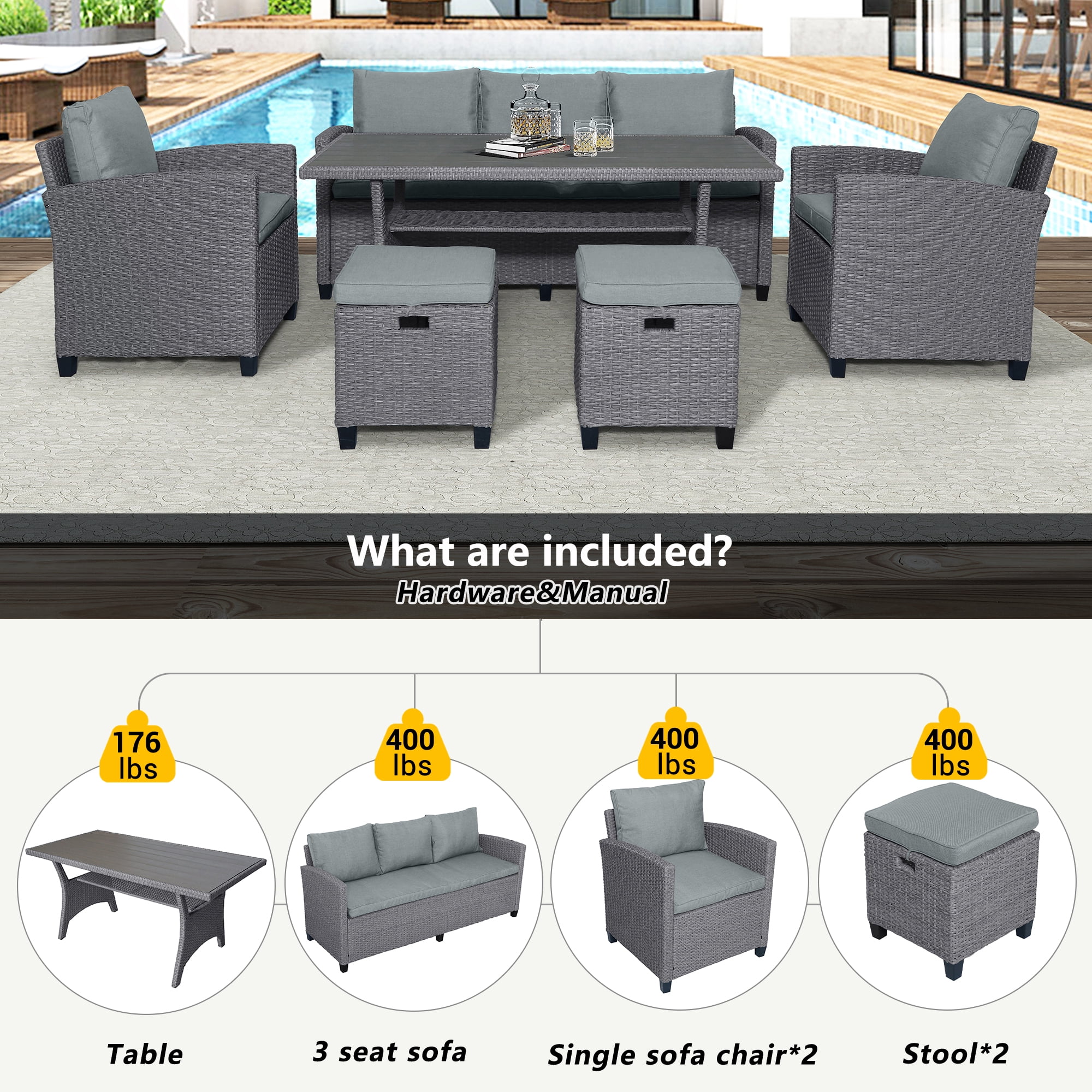 Harper & Bright Designs 6 Pieces Wicker Outdoor Patio Furniture Set with 3-Seater Sofa, 2 Armchairs, Coffee Table & Stools, All-Weather Rattan Conversation Lounge Set for Backyard Garden, Gray