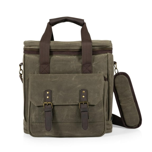 Legacy Weekender Distressed Waxed Canvas 6 Bottle Insulated Wine Bag, Khaki Green with Brown Accents
