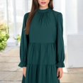 thumbnail image 2 of Women's High Neck Tiered Swing Dress with Long Sleeves- Large, Dark Green, 2 of 7