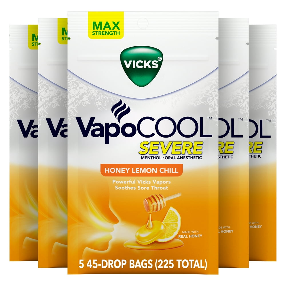 Vicks VapoCOOL Medicated Cough Drops, Honey Lemon Chill, 45 ct , 5 pk