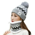 thumbnail image 1 of 2Pcs/Set Women Hat Neck Warmer Knitted Star Label Geometry Pattern Pompom Stretchy Ear Head Neck Protection Thickened Winter Thermal Beanie Cap Scarf Kit for Riding, 1 of 10