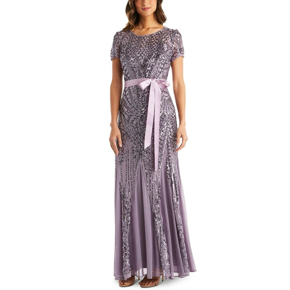 r & m richards short sleeve sequin evening gown
