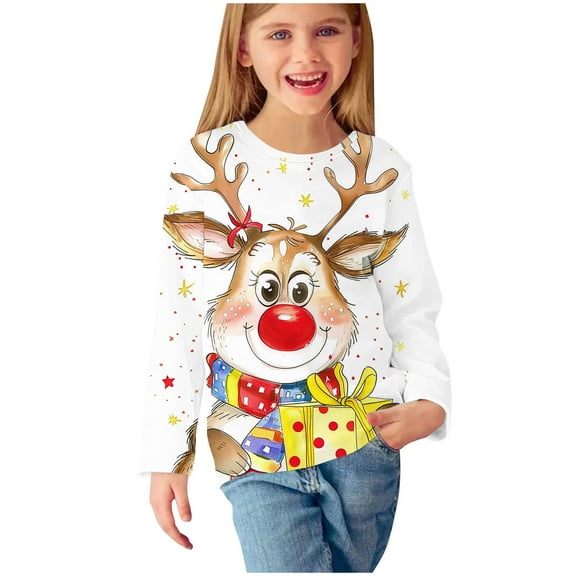 Odeerbi Toddler Girls Kids Christmas Shirts Cartoon Print Long Sleeve T-Shirts Tops Gold 5-6 Years