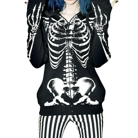 Nlife Women Long Sleeve Zip Front Skull Skeleton Hoodie Sweatshirt