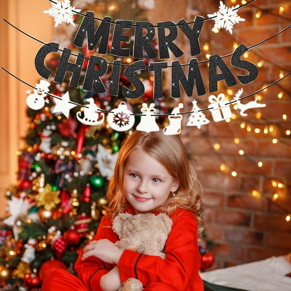 Herunwer Merry Christmas Banner Merry Christmas Garland Glitter Xmas Sign Inside Hanging Decor Outdoor Indoor Decoration for Holiday Party Supplies Home Porch
