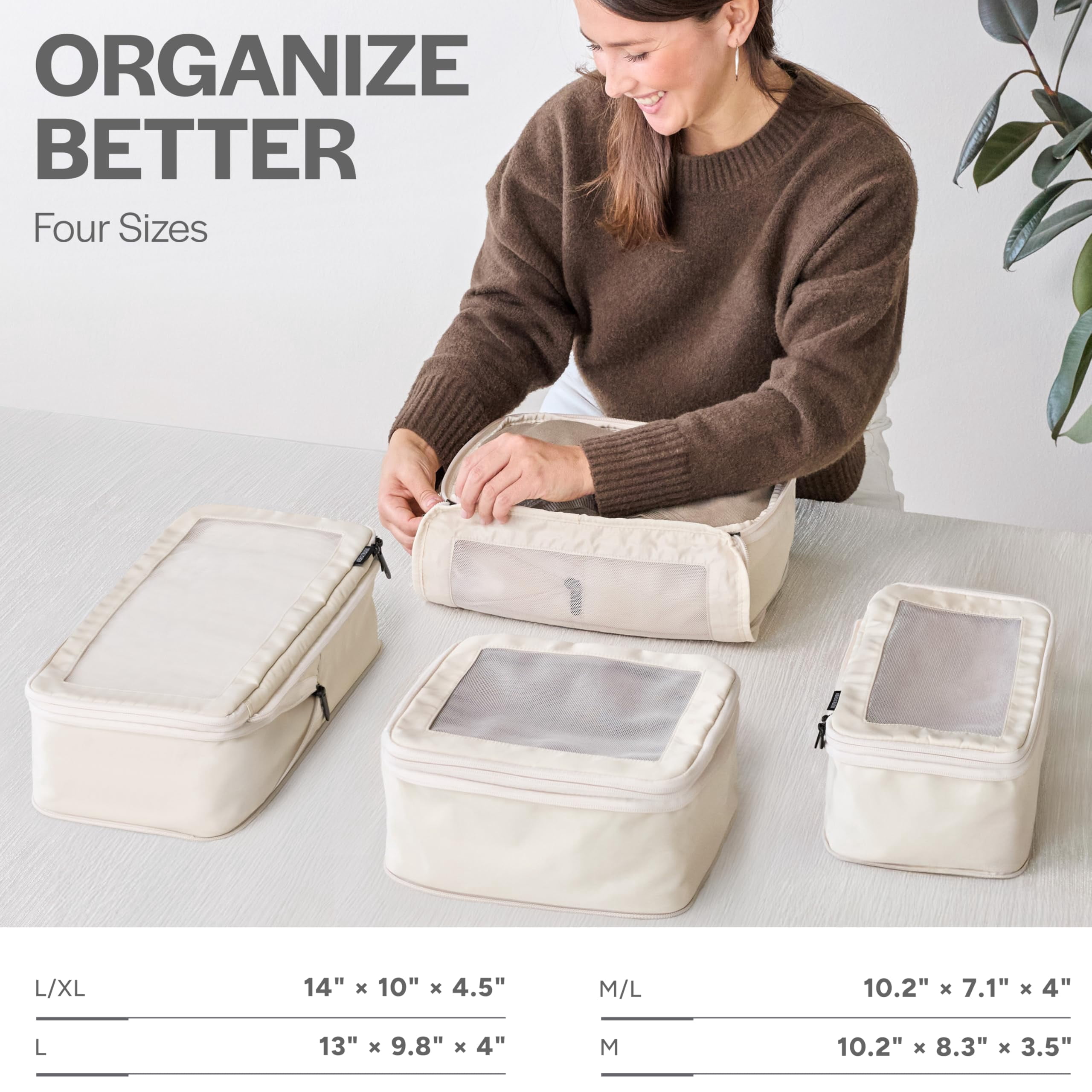 Beige 4-Pack Travel Packing Cubes Luggage Organizer Bags