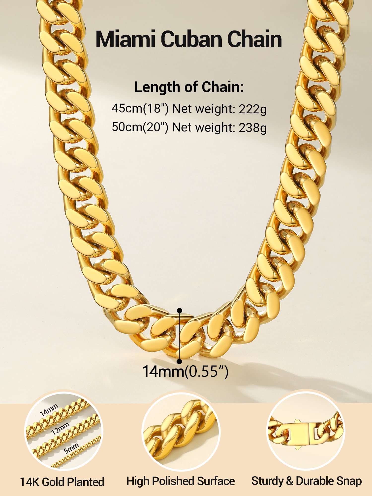 PROSTEEL Chunky Miami Cuban Link Curb Chain Necklace for Women Choker 14K Gold Plated Fashion Chain Jewelry Gifts 14mm 18 Inch Unisex Size