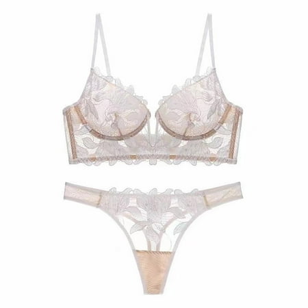 See Through Lace Bras for Women Underwire Embroidered Mesh Sheer Lingerie Full Coverage Push Up Panty Bra White 1 M
