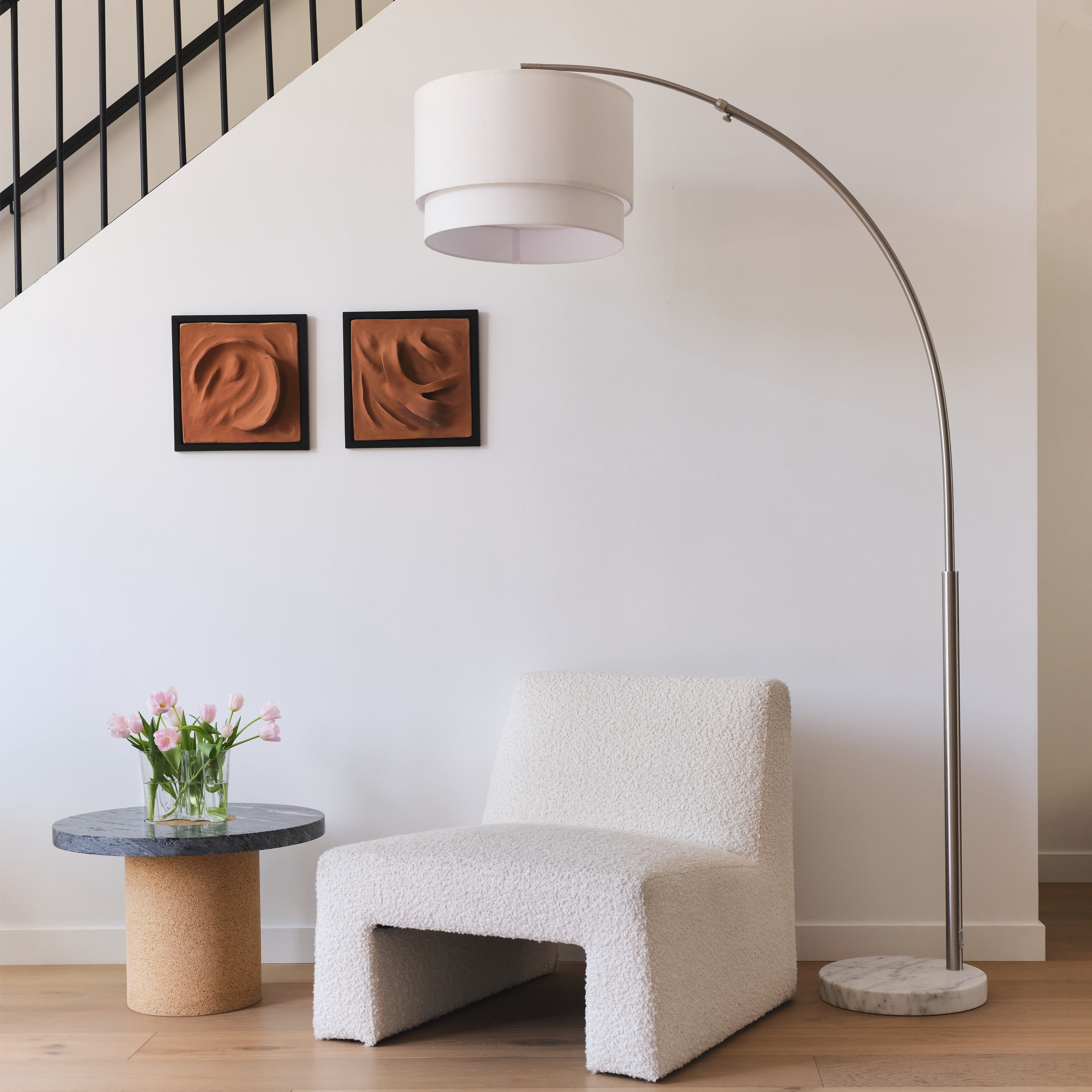 Brightech Mason 81" Modern Extendable Arm LED Floor Lamp with 2-Tiered White Fabric Shade and Marble Base - Nickel