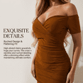 thumbnail image 2 of Women's Elegant Ruched Bodycon Midi Dress Off Shoulder Short Sleeve Cocktail Evening Dress, 2 of 5