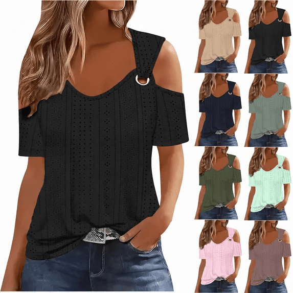 Jsaierl Women's Plus Size Tops Cold Shoulder Summer Eyelet Tunic Blouse Casual Short Sleeve Going Out Ladies Shirts