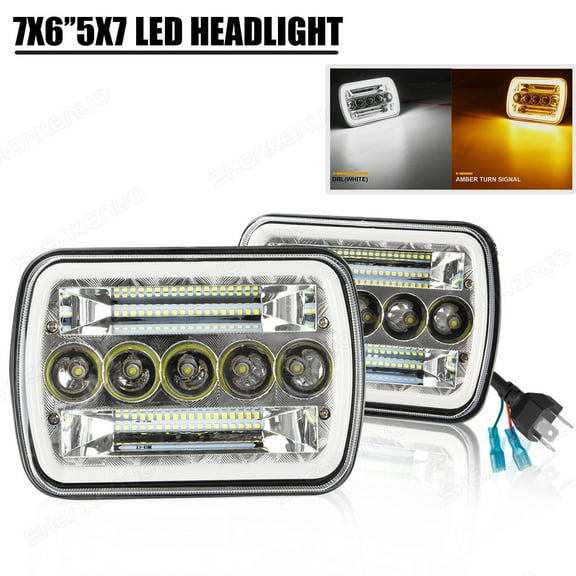 Pair 7x6 5x7 Halo LED Headlights with DRL for 1986-1993 Dodge Van