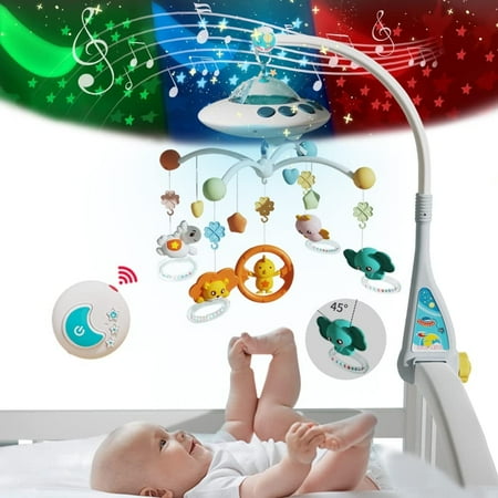 Baby Musical Crib Mobile with Night Lights, Nursery Musical Mobile Toy for Bassinets Toys, Hanging Rotating Animals Rattles, Stars Projection, Cartoon Rattles for Newborn Babies Boy Girl 0-24 Months