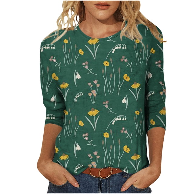 Pompotops T-shirt Ample Imprimé Mode Femme Manches 3/4 Blouse Col Rond Hauts Décontractés Liquidation