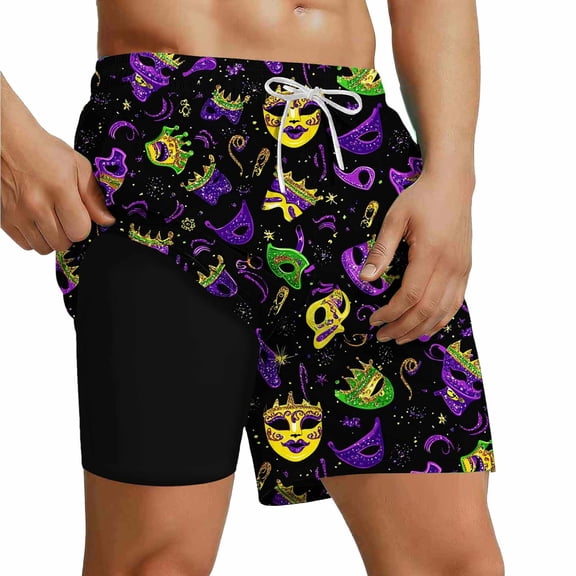 RKSTN Mens Swimsuit with Compression Liner Swimming Trunks Summer Carnival Print Elastic Drawstring Waist Quickly Dry Breathable Bathing Suit Pockets Swim Shorts