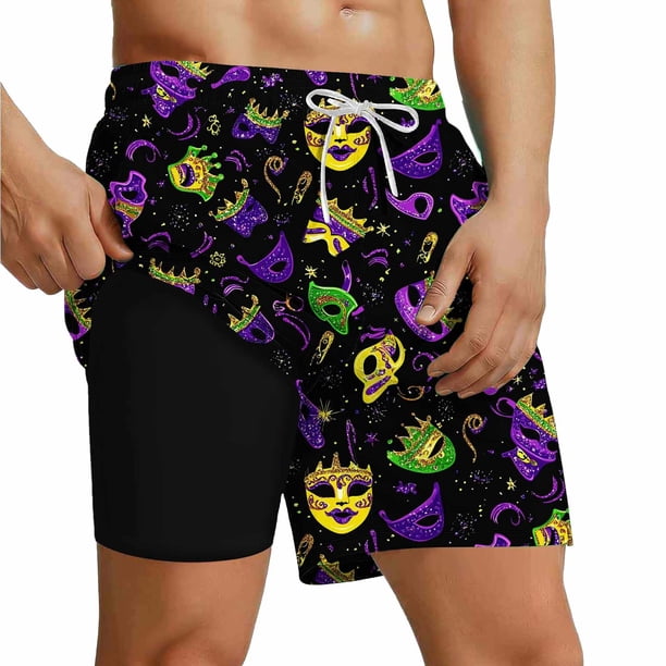 Ceisia Men's Relaxed Fit Mardi Gras Mask & Streamer Swim Trunks | Double-Layer Quick-Dry Beach Shorts | Elastic Waist Party Shorts Gift