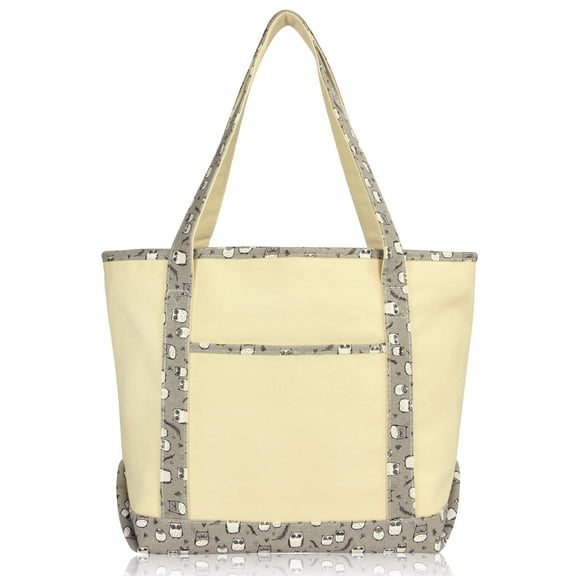 DALIX Women's 20" Large Gray Owl Tote Shoulder Handbag Natural Cotton Canvas