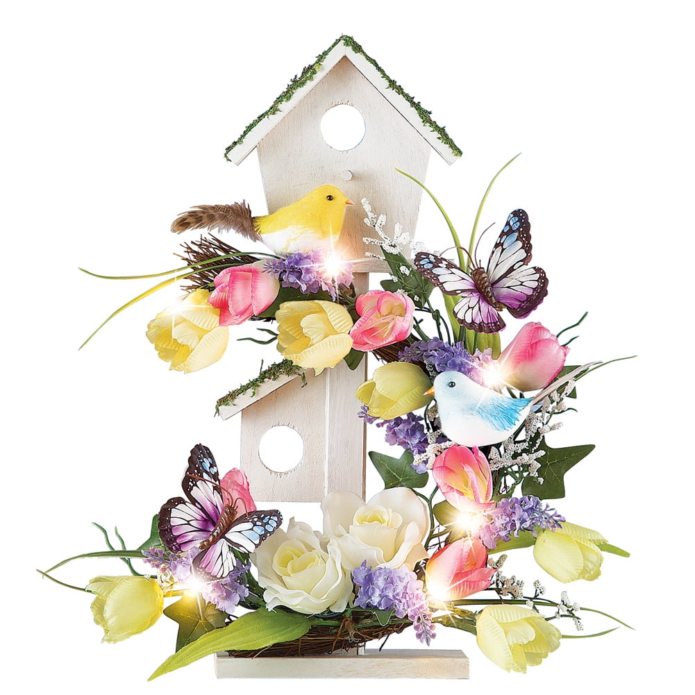 Spring Table Decoration Birdhouse with Floral Arrangement & Lights by Collections Etc
