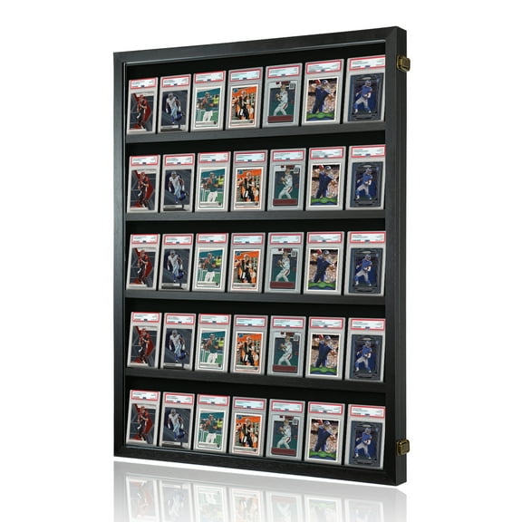 Atsknsk 35-Slot Wooden Trading Card Display Case Lockable Clear View Frame for Graded Baseball Football Basketball Hockey & Pokémon Cards Desk Wall Mount
