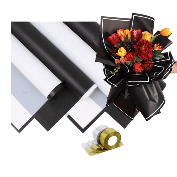 20Pcs 4 Styles Border Flowers Wrapping Paper with 2 Fabric Ribbons,Mix Black/White Waterproof Florist Bouquet Paper for Floral Clothing Shirt Shoes Gift Shop Bouquet Packaging 23x 23"
