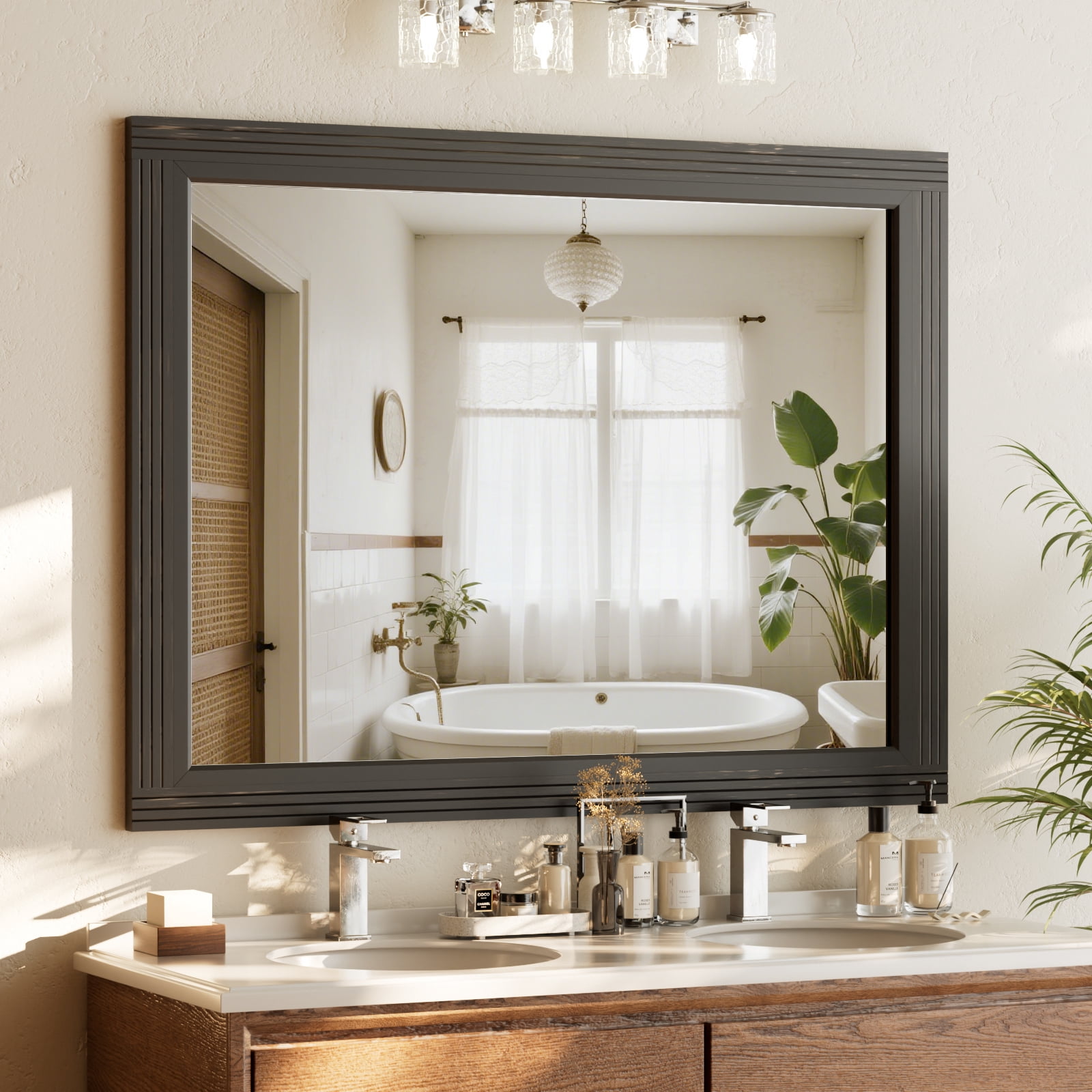 Easy4Home 40"x30" Rectangular Bathroom Mirror with Wooden Frame Decorative Wall Mounted Mirror, Black