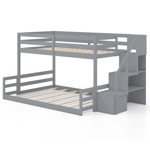 Spaco Twin over Full Low Bunk Bed, Solid Wood Construction, 14 7 Plywood Slats, Storage Stairs with Handrails, 12.5" Guardrails, Gray
